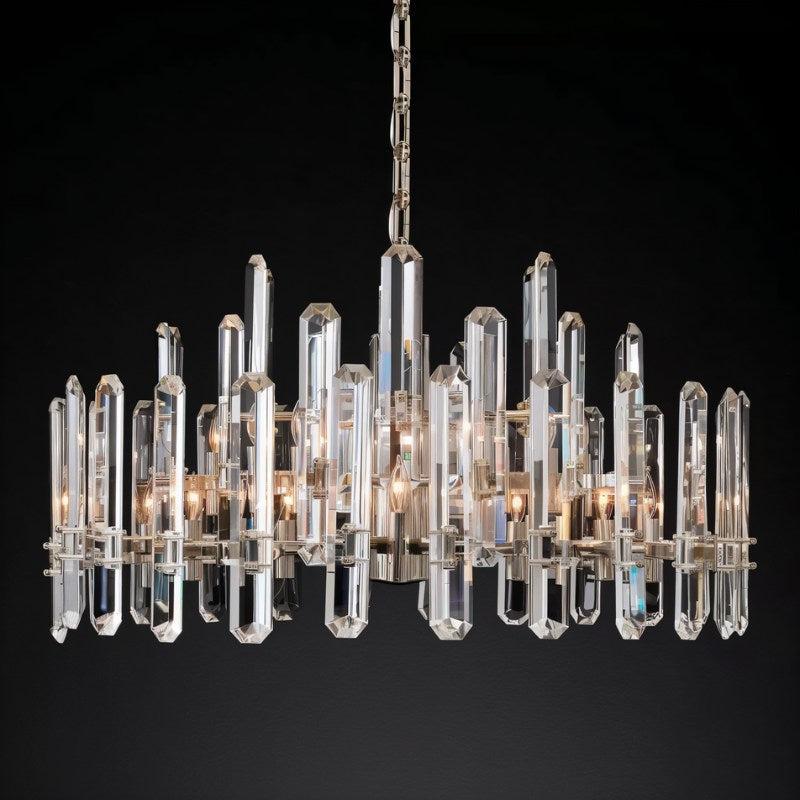 Clérachic wide two-tier chandelier of clear crystal rods on a polished nickel frame, on a black ground.