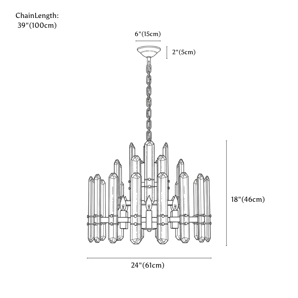Clérachic chandelier dimension drawing, 12 lights, 61 × 46 cm, every measurement marked in centimetres and inches.