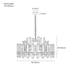 Clérachic chandelier dimension drawing, 18 lights, 92 × 46 cm, every measurement marked in centimetres and inches.