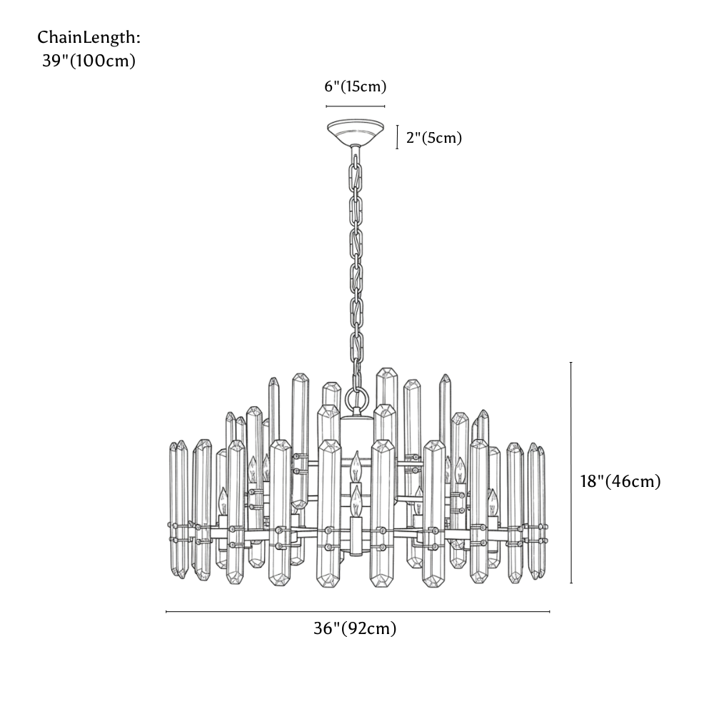 Clérachic chandelier dimension drawing, 18 lights, 92 × 46 cm, every measurement marked in centimetres and inches.