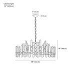 Clérachic chandelier dimension drawing, 24 lights, 122 × 46 cm, every measurement marked in centimetres and inches.