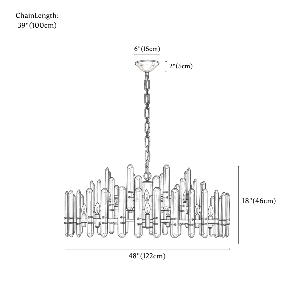 Clérachic chandelier dimension drawing, 24 lights, 122 × 46 cm, every measurement marked in centimetres and inches.