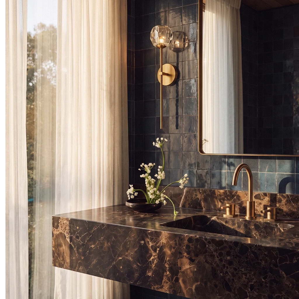 Clérachic gold wall sconce with a crystal shade on a dark glazed tiled wall beside a sheer curtain and framed mirror.