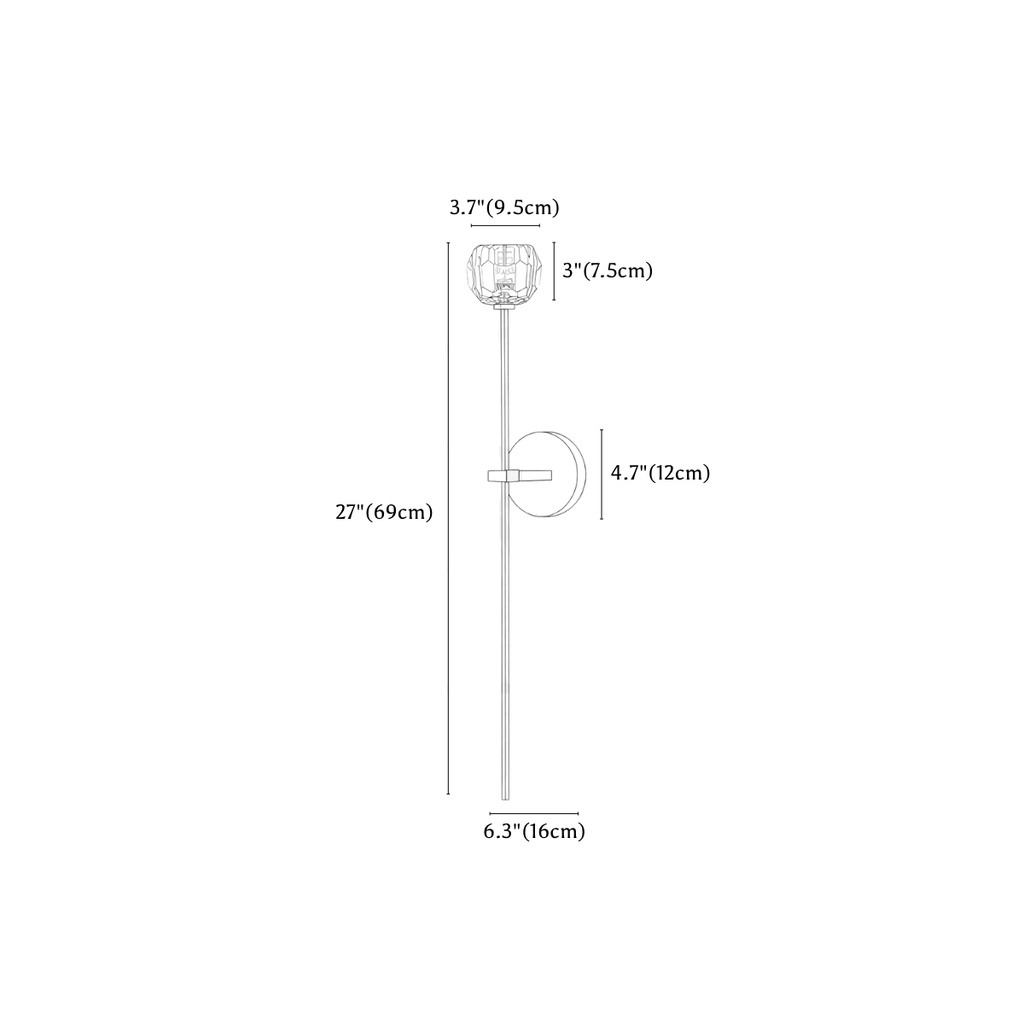 Clérachic wall light dimension drawing, 1 of 3, every measurement marked in centimetres and inches.