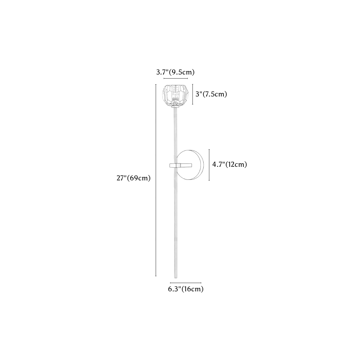 Clérachic wall light dimension drawing, 1 of 3, every measurement marked in centimetres and inches.