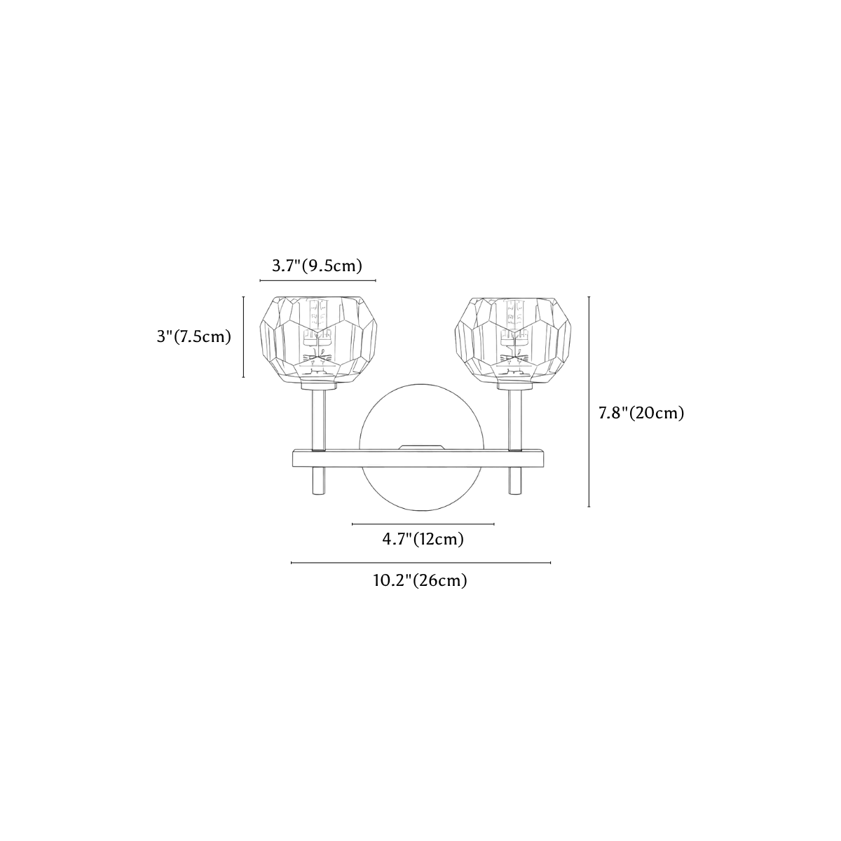 Clérachic wall light dimension drawing, 3 of 3, every measurement marked in centimetres and inches.