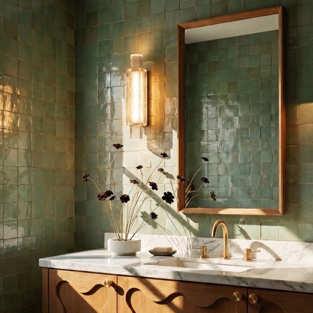 Clérachic gold and crystal wall light beside a mirror in a tiled room with green tiles and a marble counter.