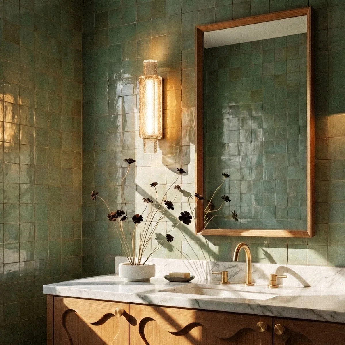 Clérachic gold and crystal wall light beside a mirror in a tiled room with green tiles and a marble counter.