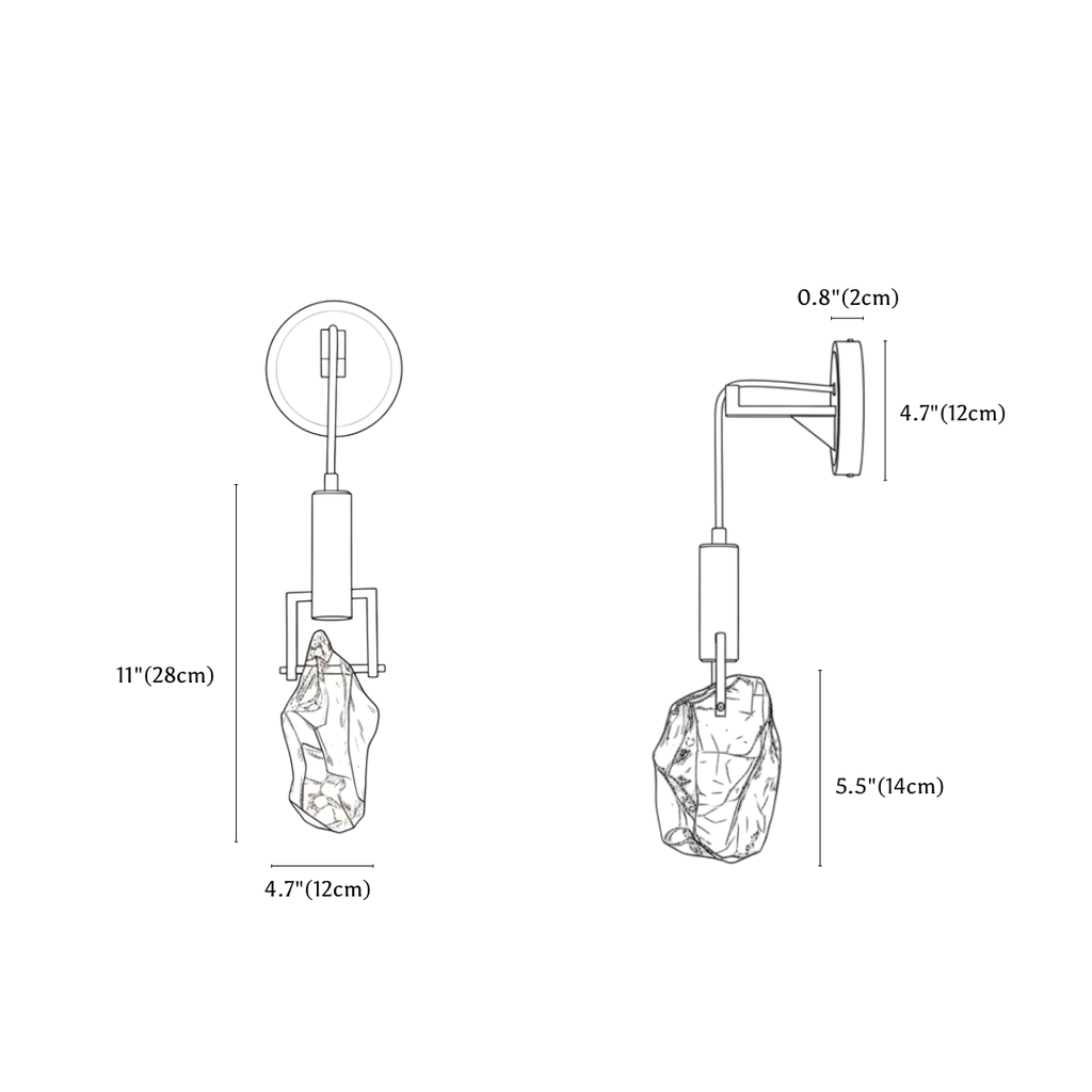 Clérachic wall sconce dimension drawing, every measurement marked in centimetres and inches.