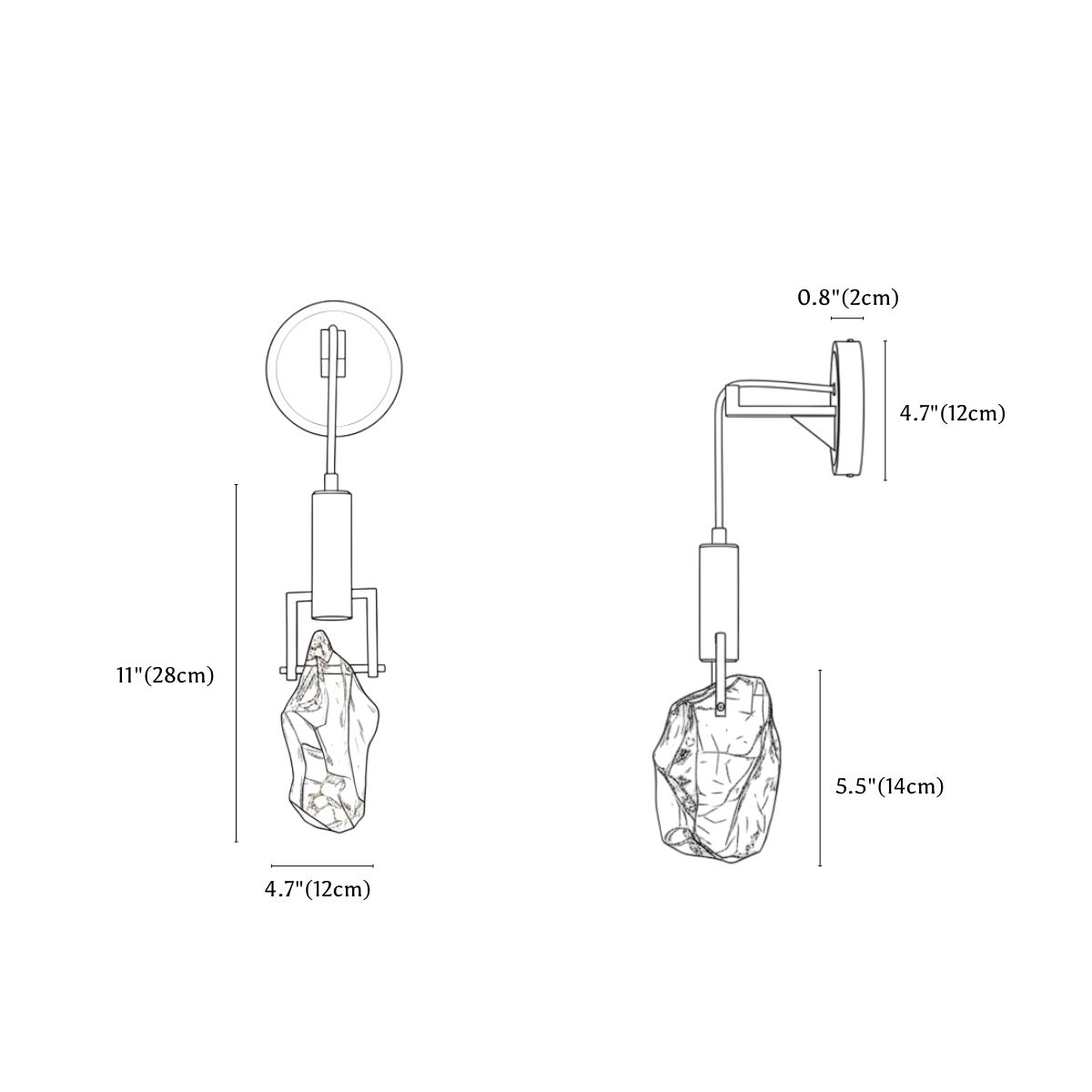 Clérachic wall sconce dimension drawing, every measurement marked in centimetres and inches.