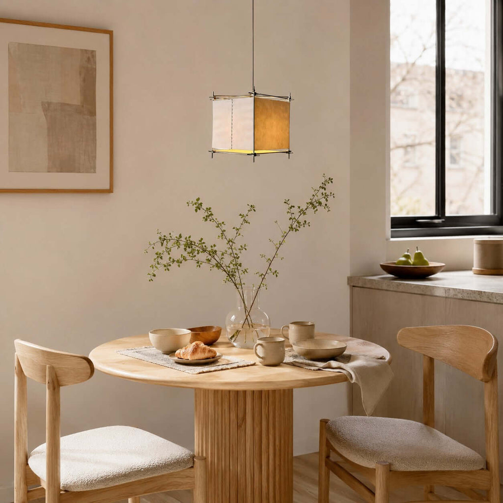 Clérachic paper cube pendant above a small round dining table with a ribbed pedestal, wooden chairs and a vase of twigs.