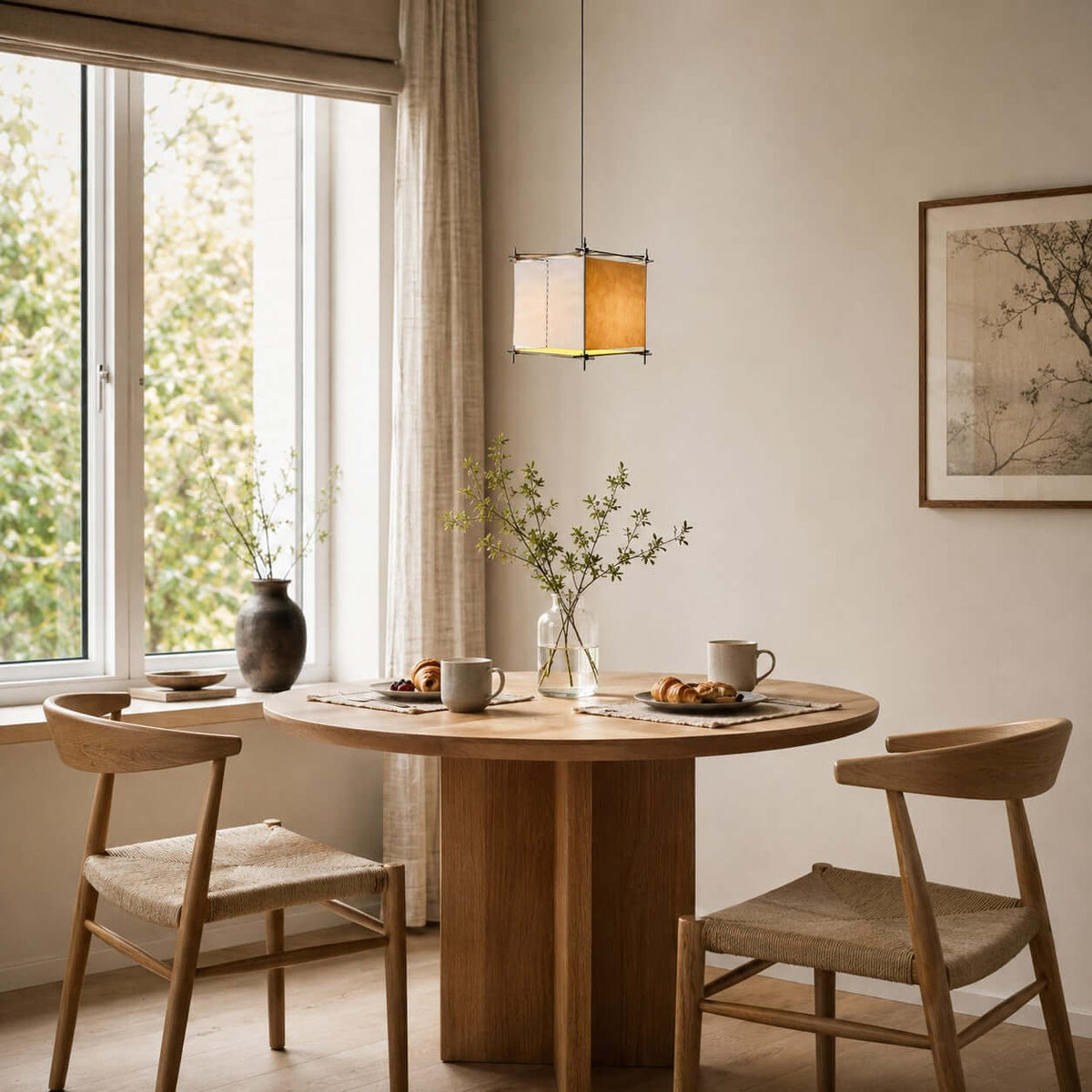 Paper lantern pendant from Clérachic hanging in a bright dining corner, above a round oak table and woven-seat chairs.