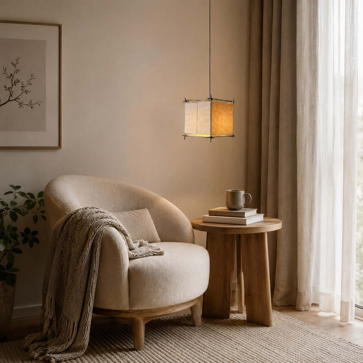 Clérachic cube pendant above a cream boucle armchair with a knitted throw and a small round wooden side table.