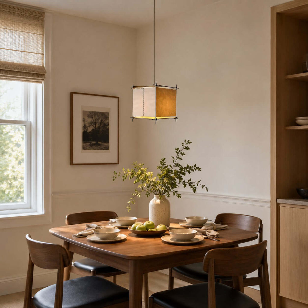 Square-framed Clérachic paper pendant over a wooden dining table set with bowls, plates and a vase of green stems.
