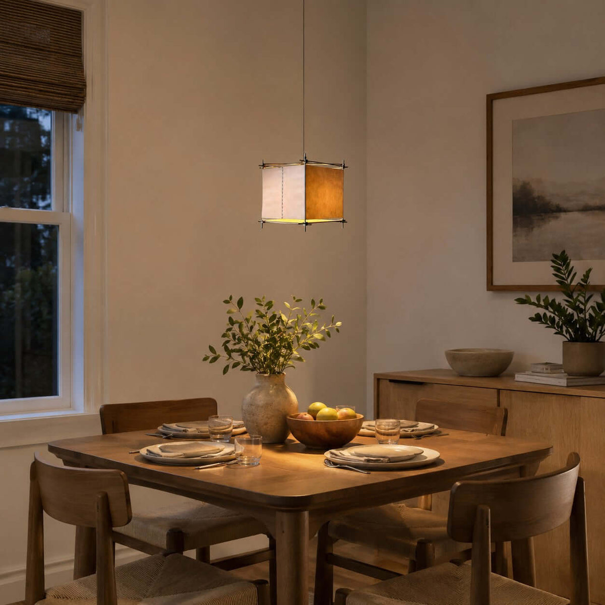 Lit Clérachic cube lantern pendant above a set wooden table with a bowl of fruit and a framed landscape print behind.