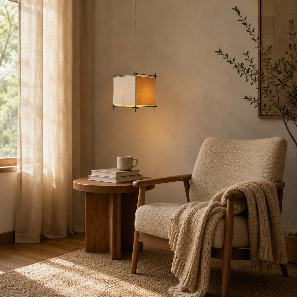 Lit Clérachic paper cube pendant beside a boucle armchair with a fringed throw and a round wooden side table.