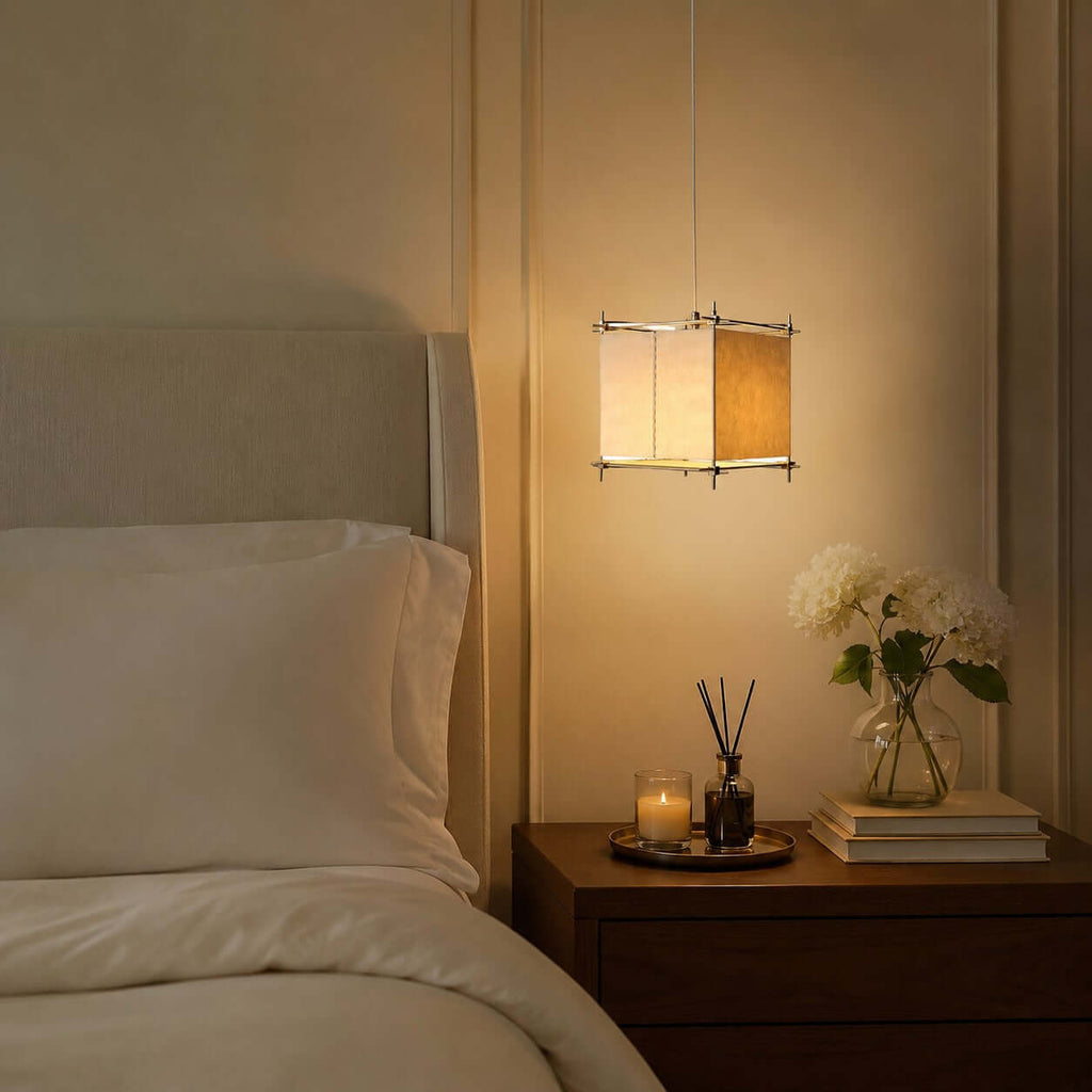 Clérachic cube pendant glowing over a bedside table with a candle, a reed diffuser, books and white peonies.