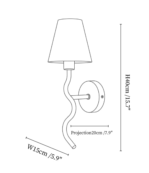 Clérachic wall light dimension drawing, every measurement marked in centimetres and inches.