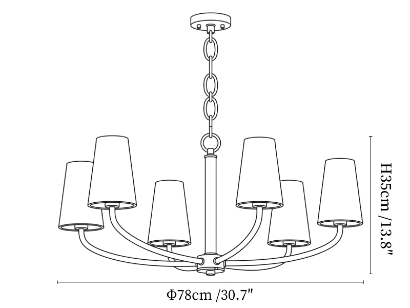 Clérachic chandelier dimension drawing, every measurement marked in centimetres and inches.