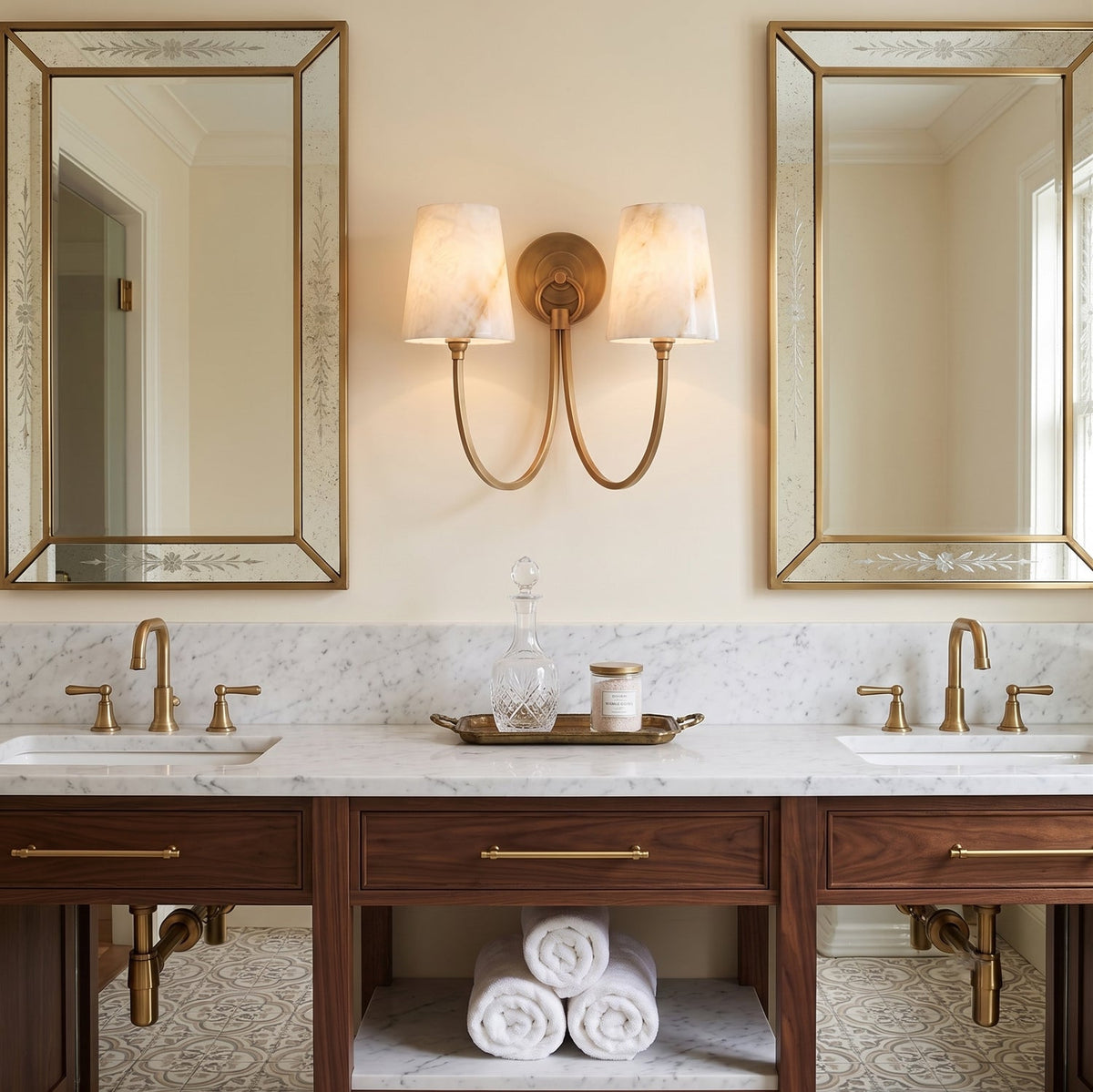 Two-light alabaster wall sconce from Clérachic glowing between mirrors above a marble double vanity with brass taps.
