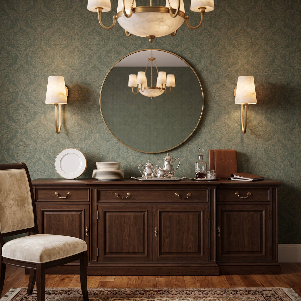 A pair of single-light Clérachic alabaster sconces flank a round mirror above a walnut sideboard against green damask wallpaper.