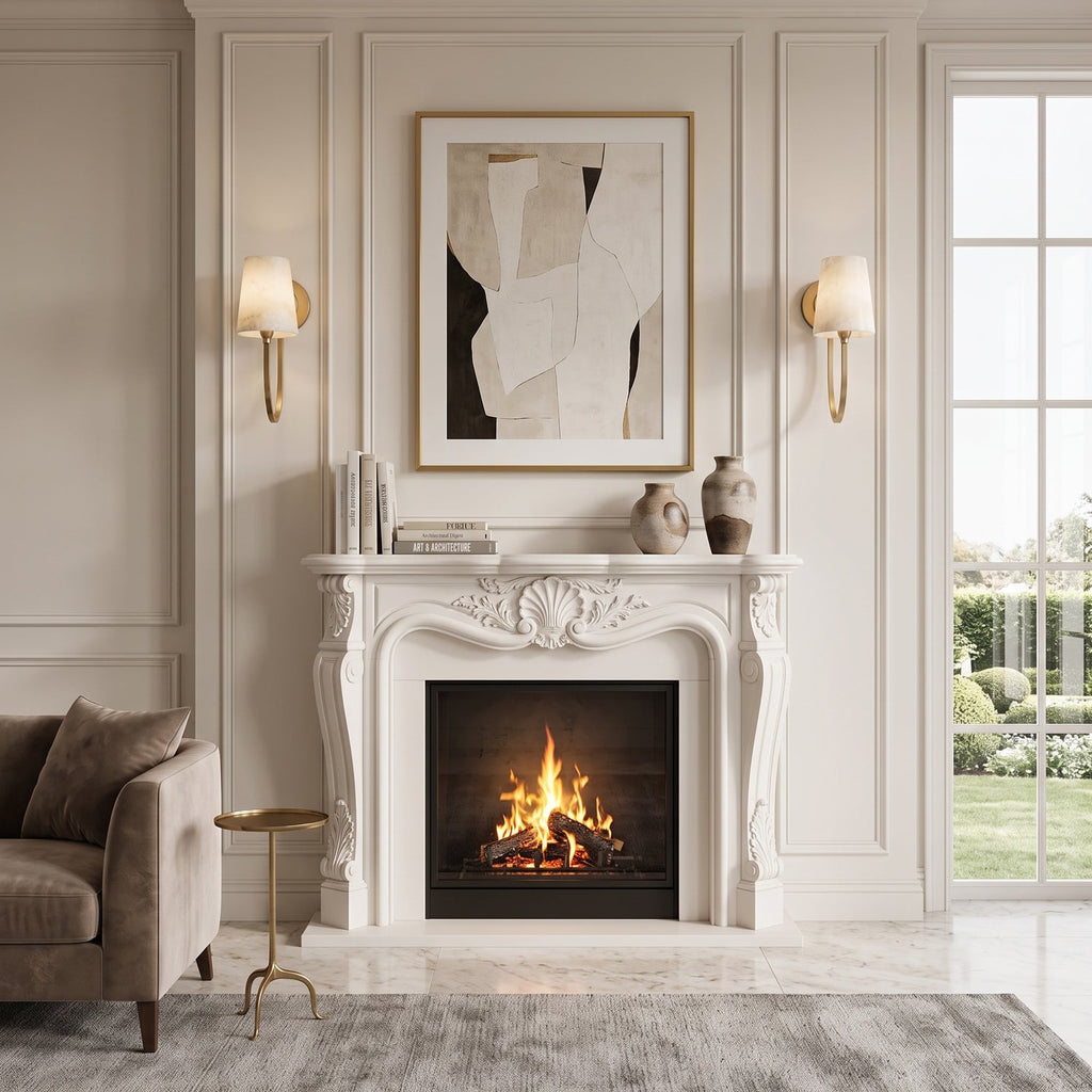 Two lit single-arm Clérachic sconces with alabaster shades either side of a white fireplace and a framed abstract artwork.