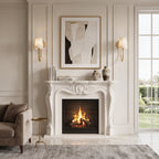 Two lit single-arm Clérachic sconces with alabaster shades either side of a white fireplace and a framed abstract artwork.