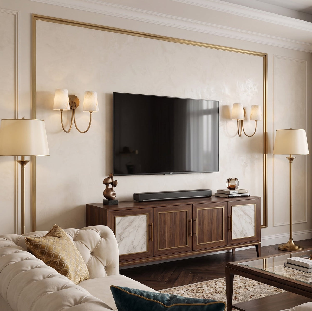 Twin-arm Clérachic wall lights with alabaster shades either side of a wall-mounted television in a cream living room.