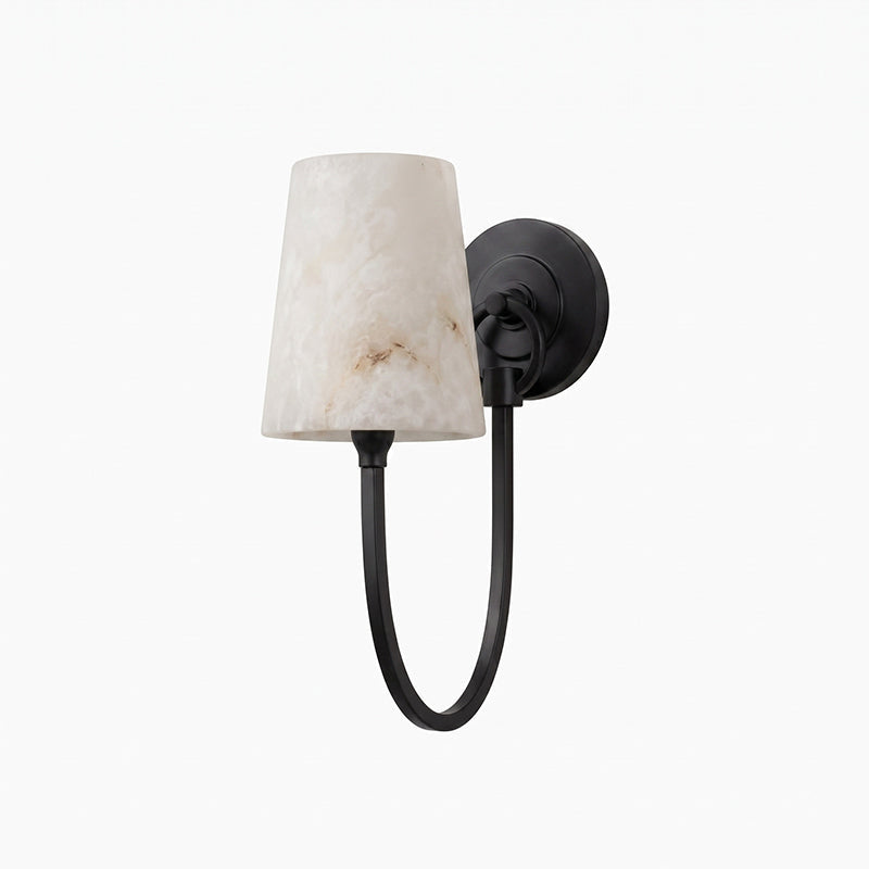 Single-light version with a black curved arm and round backplate, its veined alabaster shade shown on white, from Clérachic.