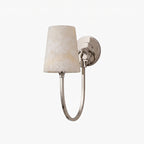 Single-light version in nickel, with a polished curved arm and veined alabaster shade, from Clérachic, on a pale backdrop.
