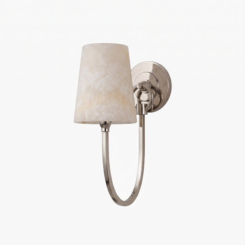 Single-light version in nickel, with a polished curved arm and veined alabaster shade, from Clérachic, on a pale backdrop.
