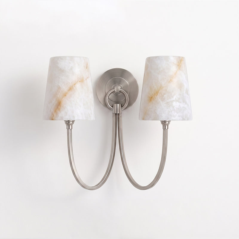 Two-light nickel sconce from Clérachic with alabaster shades marked by warm veins and two curved metal arms.