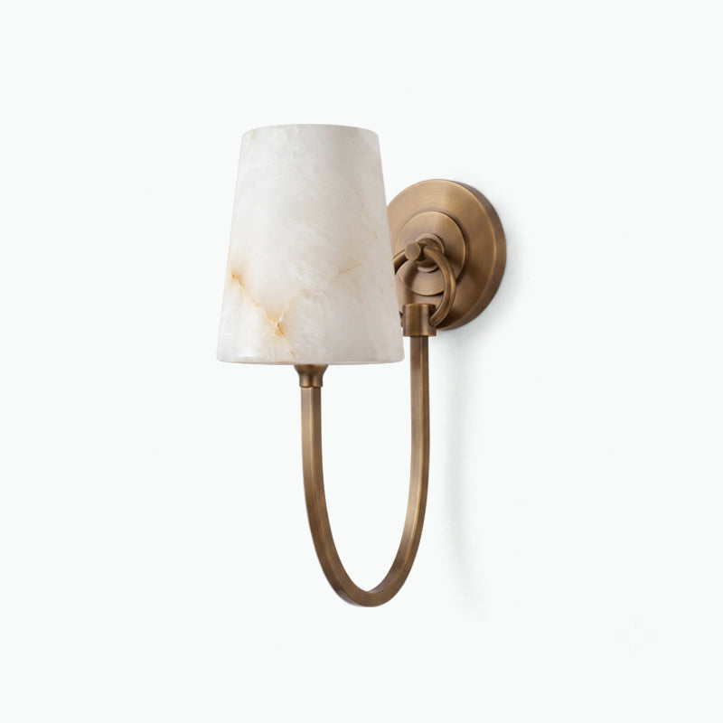 Side angle of the single-light antique bronze Clérachic sconce, showing the alabaster shade and the arm curving back to the plate.
