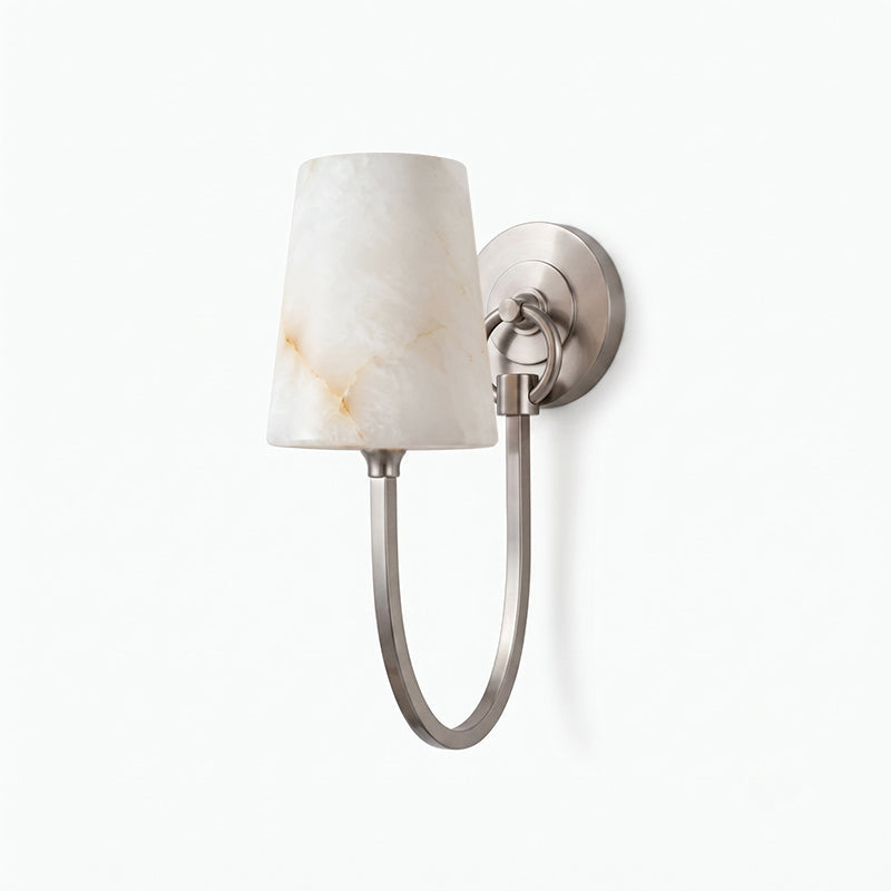 Single-light nickel Clérachic sconce seen from the side, with a white alabaster shade and a curved arm on a round backplate.