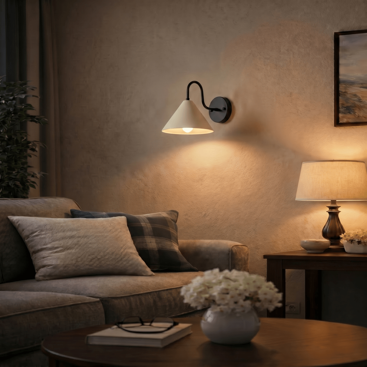 Clérachic matte black cone-shade wall sconce lit above a sofa with cushions, a framed print and a table lamp nearby.