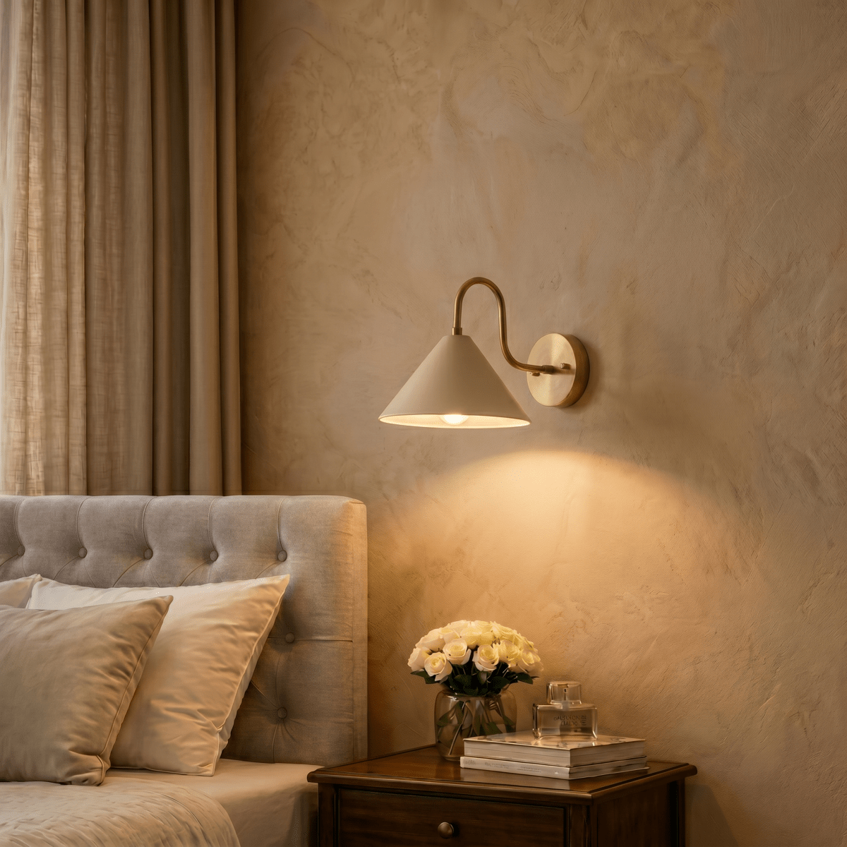 Clérachic brass cone-shade wall sconce lit above a bedside table with roses, books and a glass candle holder.