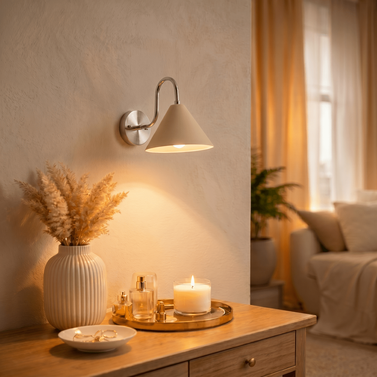 Clérachic chrome cone-shade wall sconce lit above a side table with dried pampas grass and a lit candle.