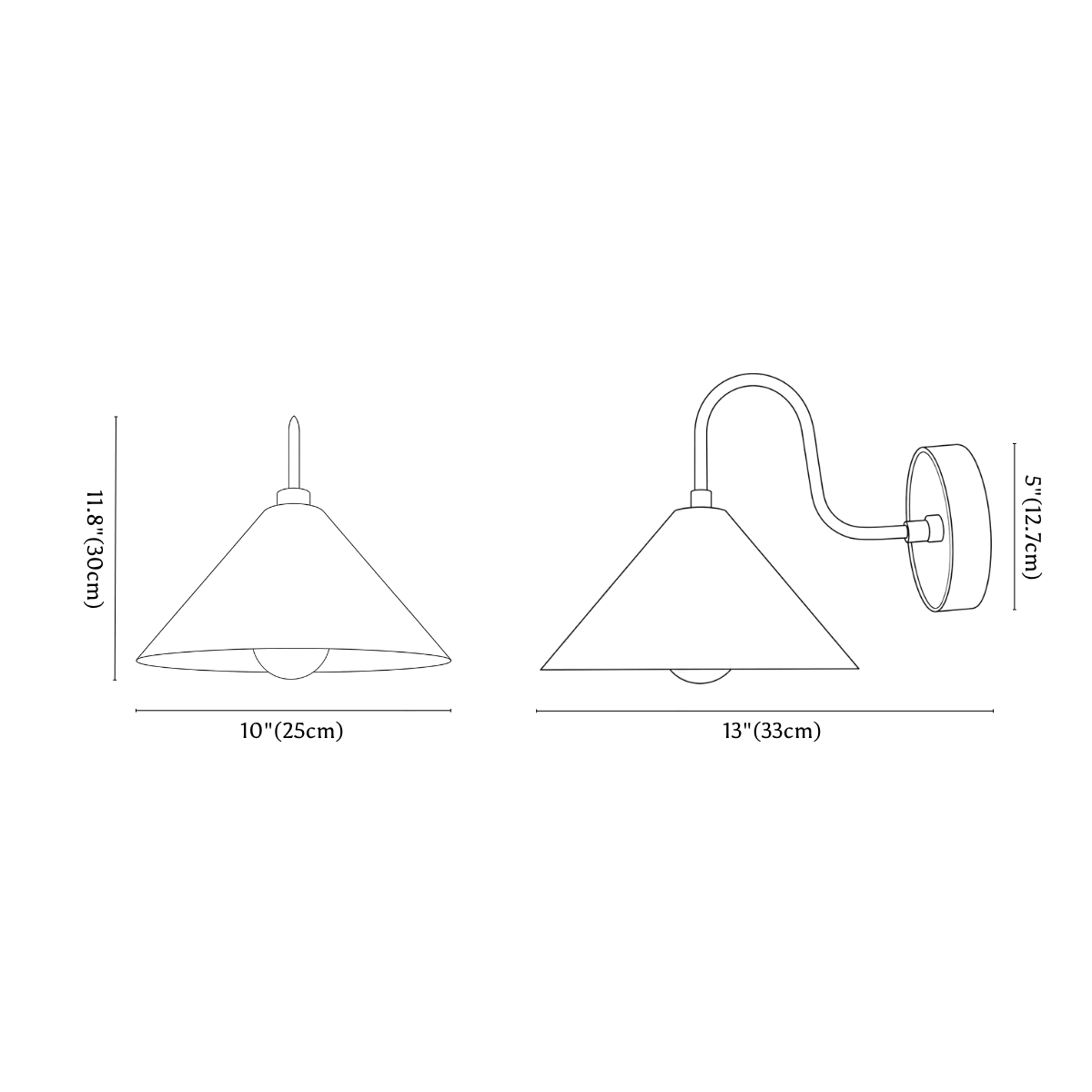 Clérachic wall light dimension drawing, every measurement marked in centimetres and inches.
