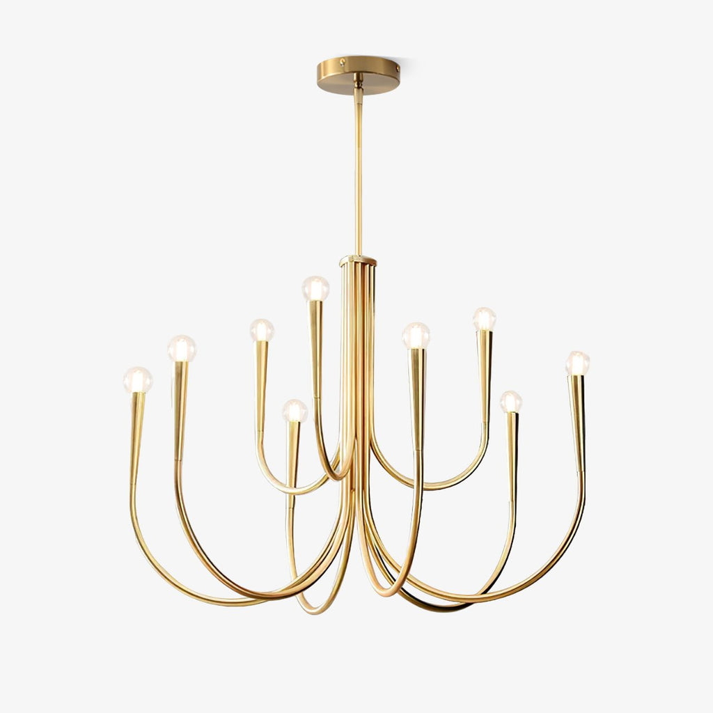 This Clérachic chandelier on a plain backdrop, with brass-toned curved arms sweeping down and up to bare bulbs from a central stem.