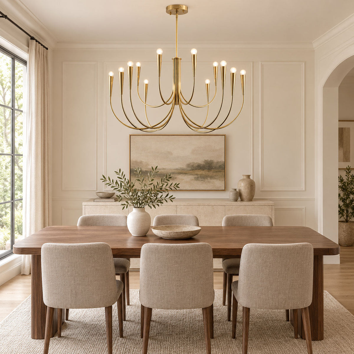A brass-toned Clérachic chandelier above a long walnut dining table with cream upholstered chairs, in a panelled room with tall windows.