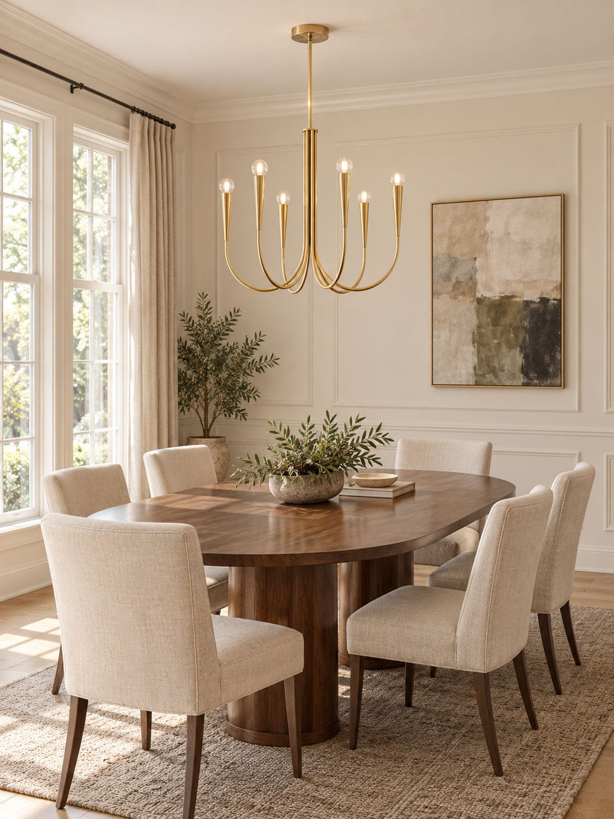A Clérachic chandelier with brass-toned arms above an oval wooden dining table and cream chairs, beside a tall window with a drawn curtain.