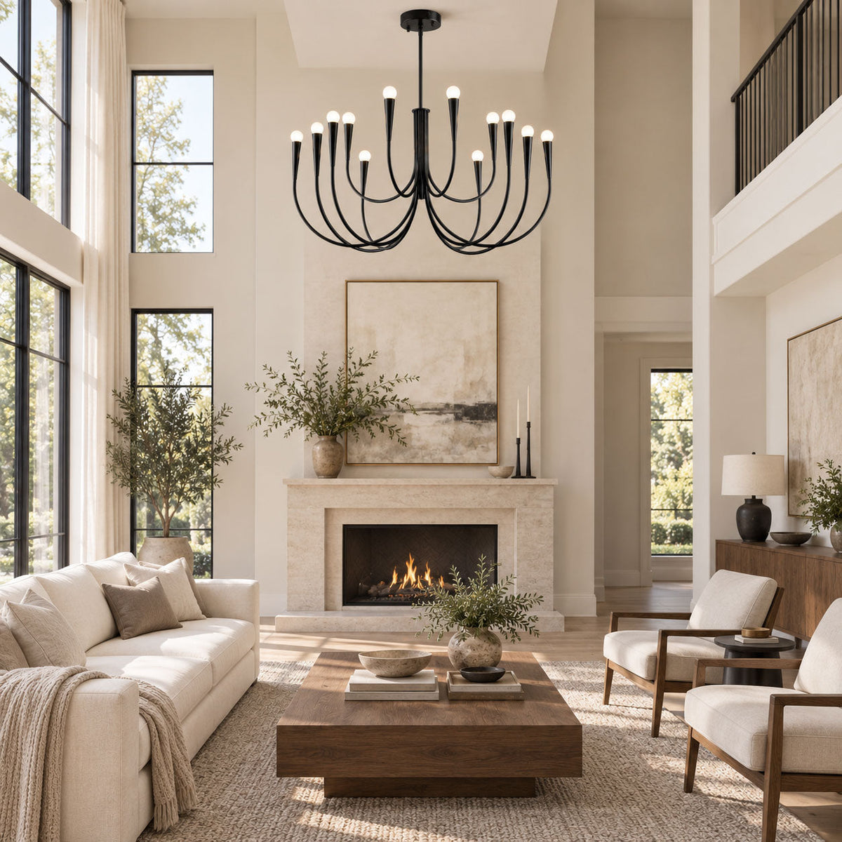 Black Clérachic chandelier hung in a tall living room, above a stone fireplace, a cream sofa and a low wooden coffee table.
