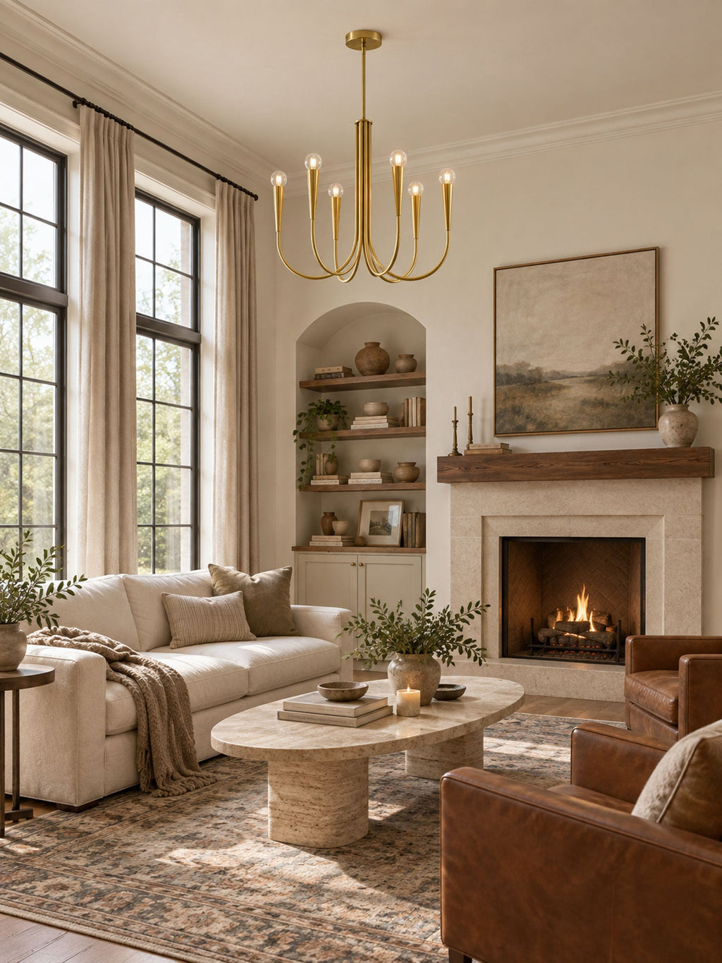 Brass-toned Clérachic chandelier in a living room with a fireplace, a stone coffee table, a cream sofa and tan leather armchairs.