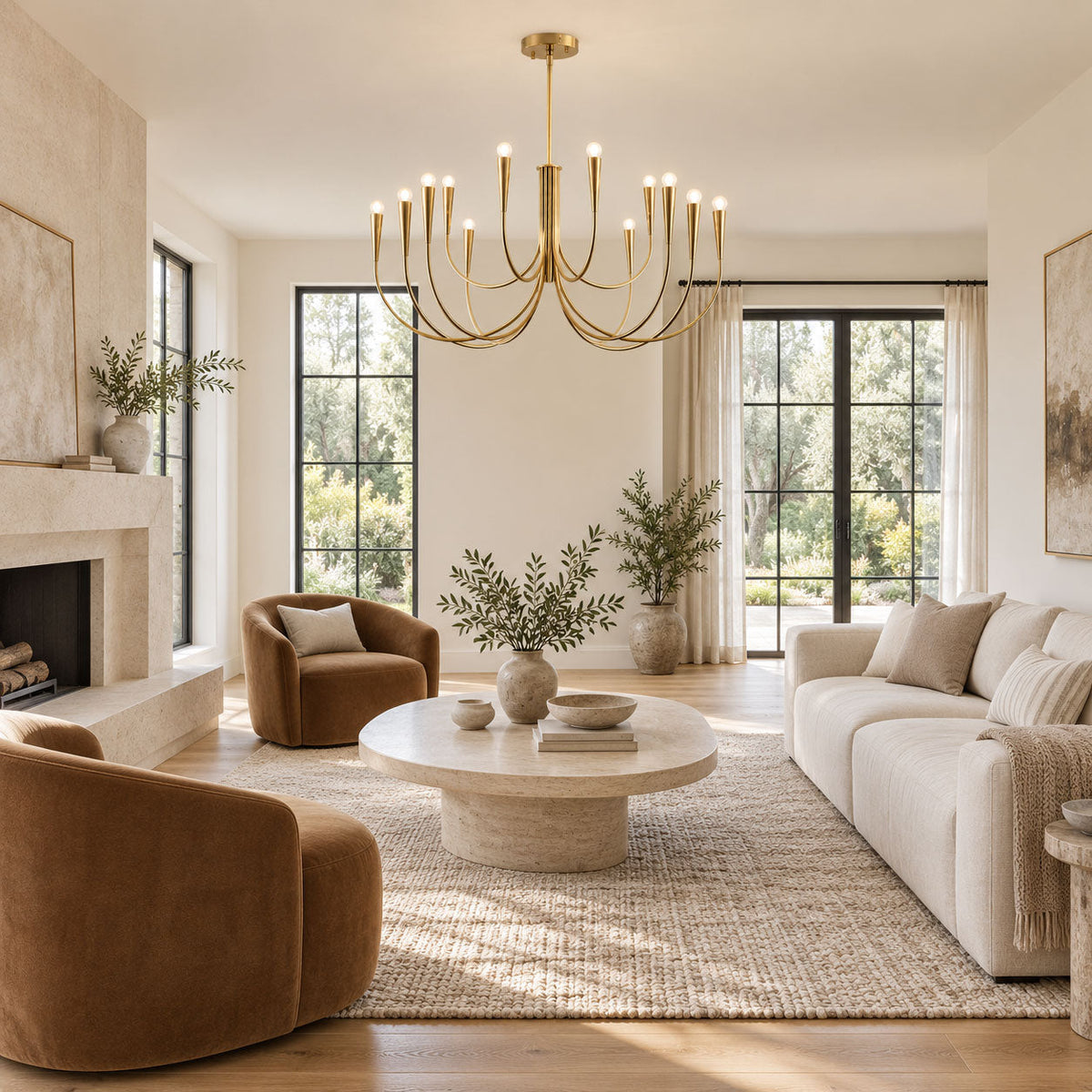 Wide view of a brass-toned Clérachic chandelier in a bright living room, above a round stone table and two rust-coloured armchairs.