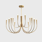 This Clérachic chandelier in a brass tone, cut out on a pale backdrop, with a wide spread of sweeping arms and a round ceiling plate.