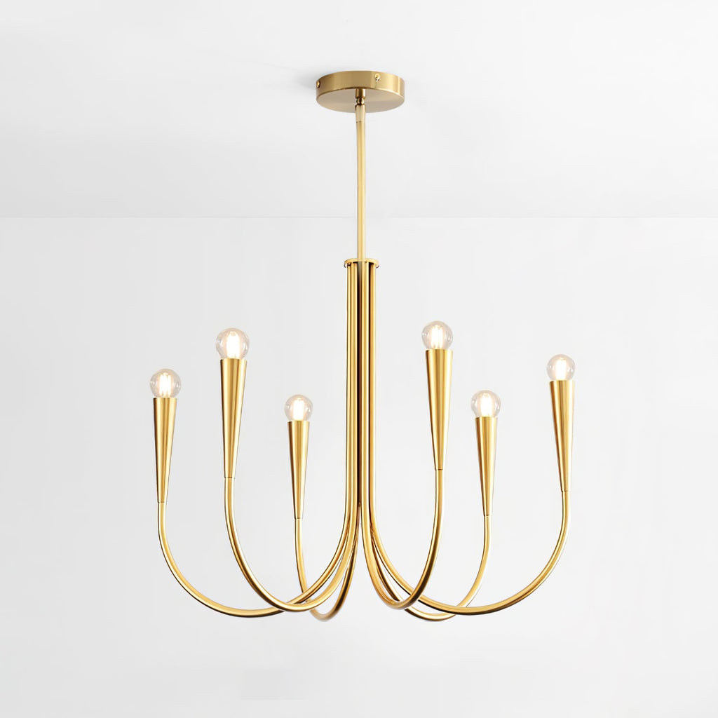 Single-tier Clérachic chandelier in a brass tone, on a plain backdrop, with six conical bulb holders on long curved arms.