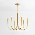 Single-tier Clérachic chandelier in a brass tone, on a plain backdrop, with six conical bulb holders on long curved arms.