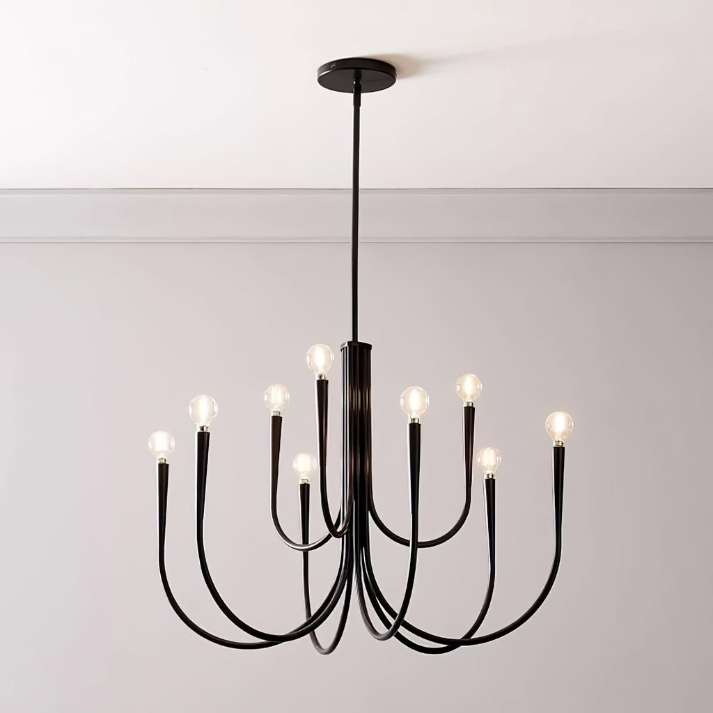 A black Clérachic chandelier with a long rod, shown on a pale grey backdrop with bare bulbs on curving arms.