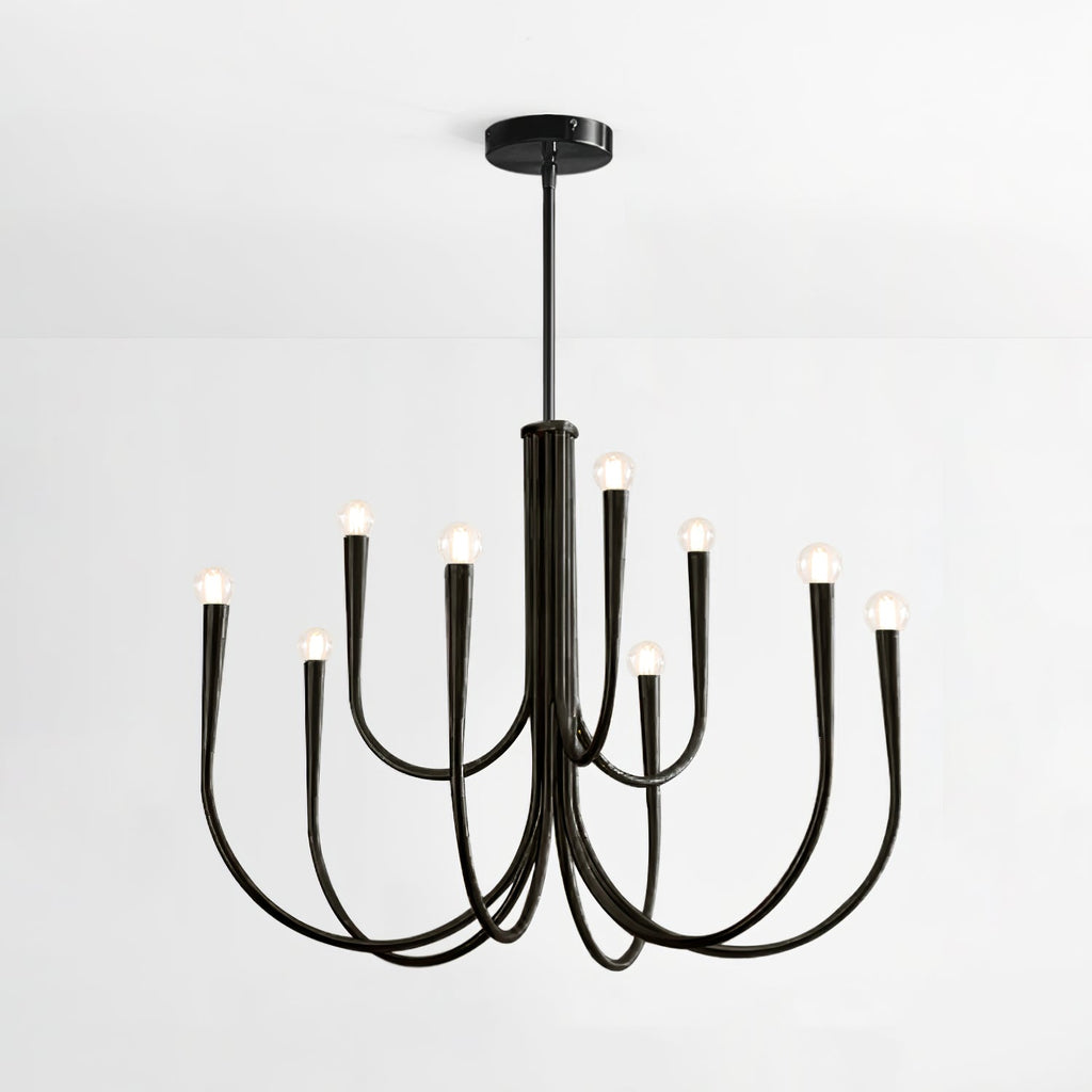 Black Clérachic chandelier with a slim black rod and plate, shown on a plain white backdrop with bare bulbs along looped arms.