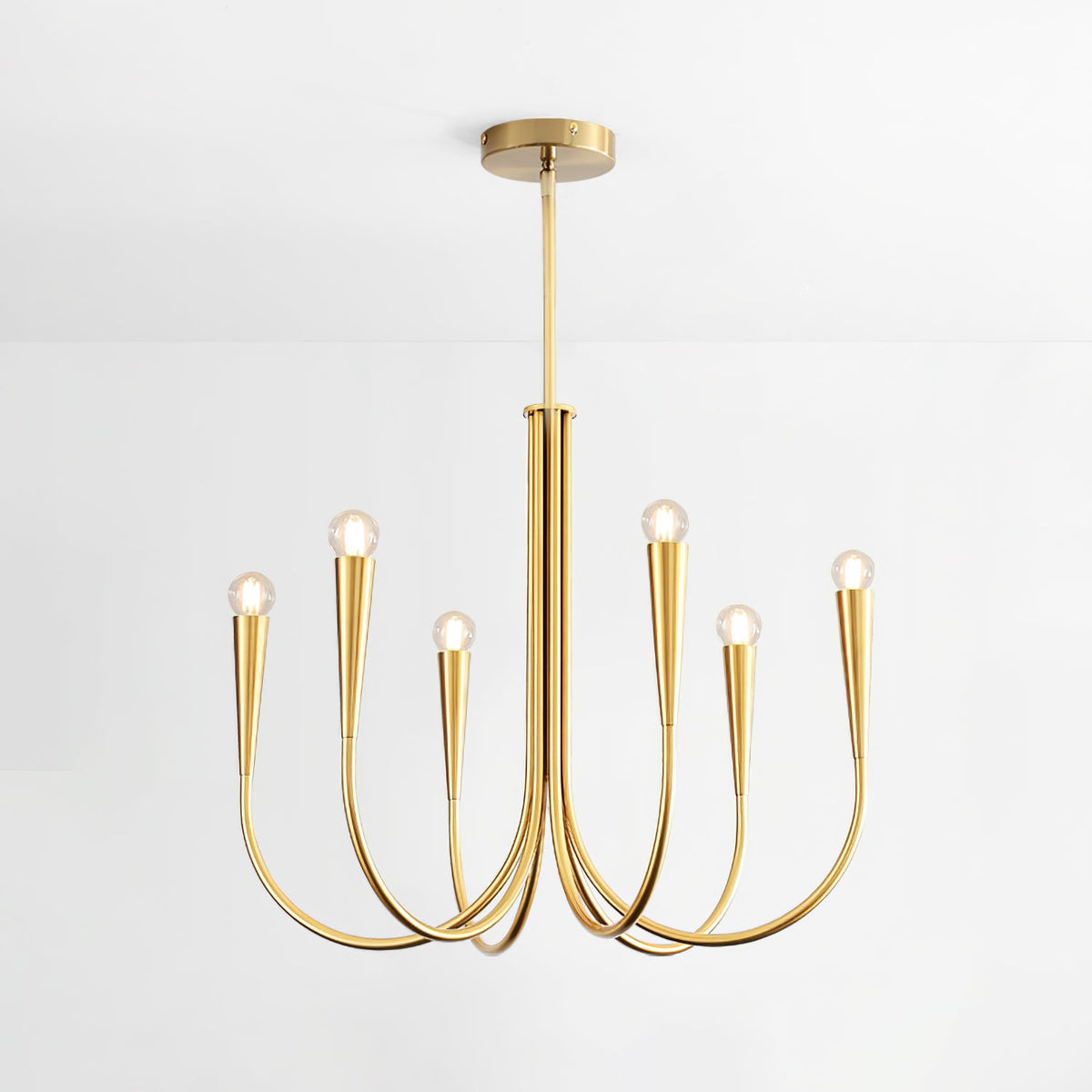 A single-tier Clérachic chandelier in a brass tone, cut out on white, with a long rod and round canopy.